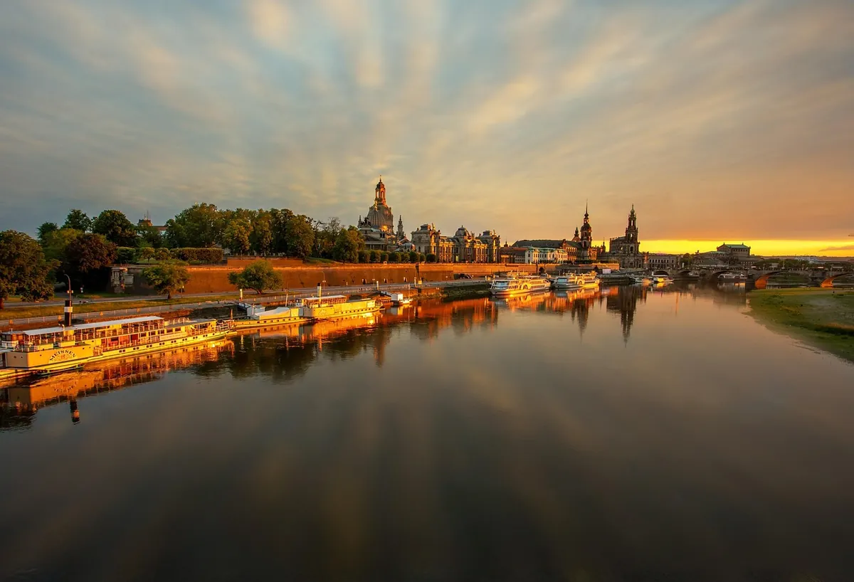 Dresden's baroque skyline and the Frauenkirche seen across the Elbe