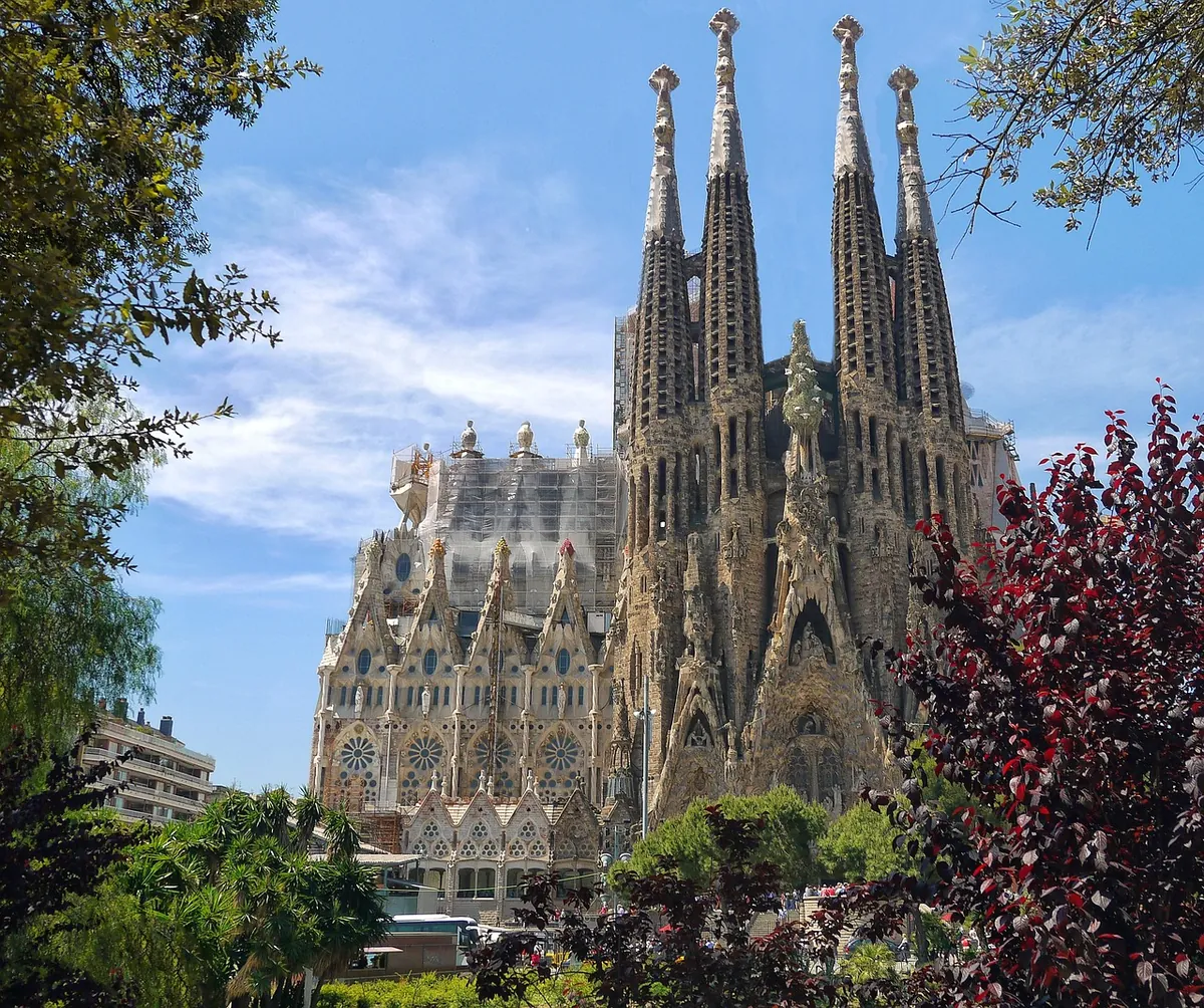 The Sagrada Família facade against a clear Barcelona sky